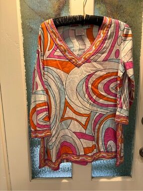 Gretchen Scott Designs Pink, Orange & Light Blue V-Neck Tunic/Cover-Up 💯 Cotton